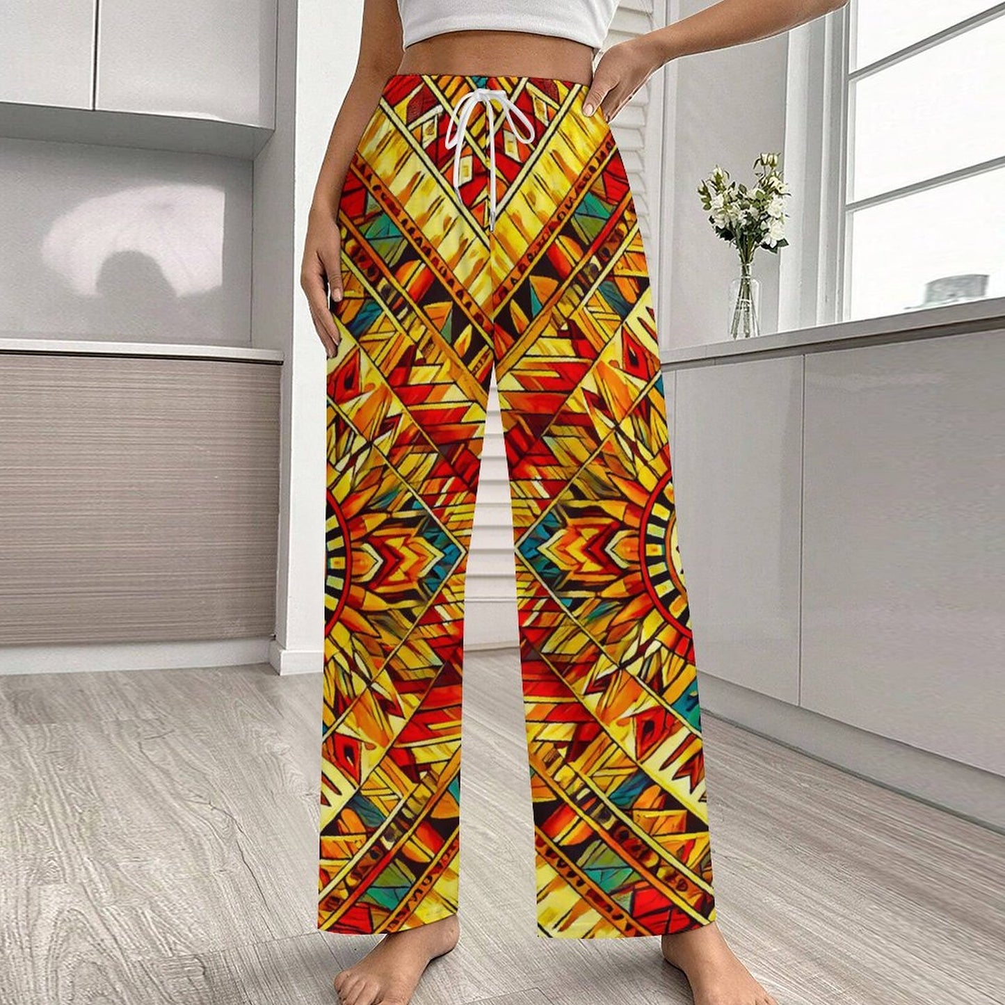 Sunrise Spirit by Lila Rivera ~ 170gsm Faux Cotton Drawstring Women Wide Leg Pajamas Pants LM072 (All-Over Printing) SALE-Personal Design