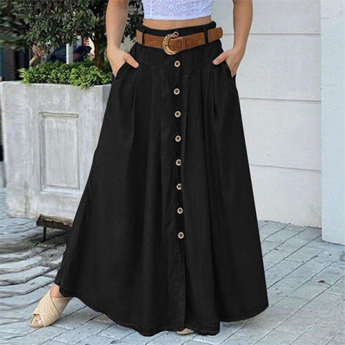 New Autumn Women's Long Skirt Button High Waist Solid Color Pocket Cas