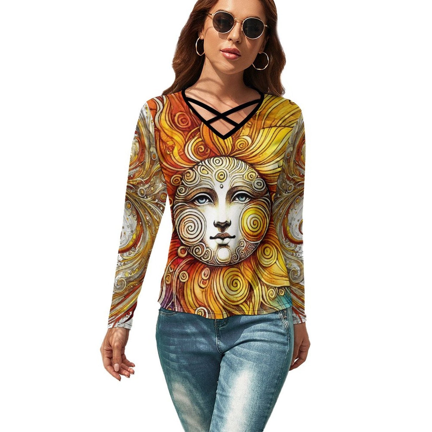 Criss Cross V-Neck Long Sleeve T-shirt NZ118 (All-Over Printing)