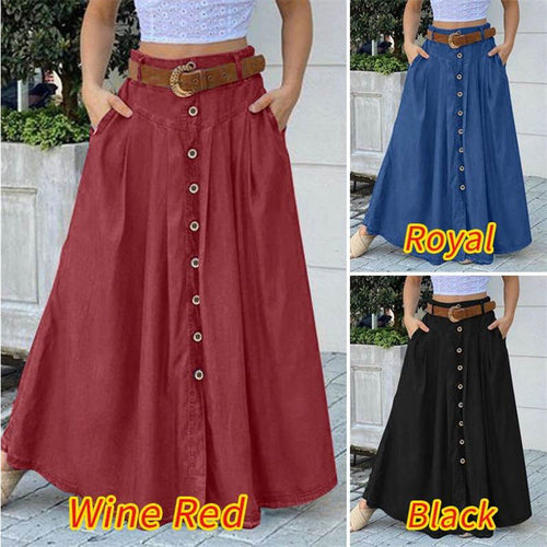 New Autumn Women's Long Skirt Button High Waist Solid Color Pocket Cas