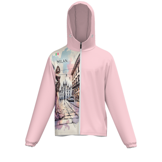 "Milan" by Lila RIvera - Pink Unisex Full-Zip Hooded Windbreaker Jacket - Water Resistant