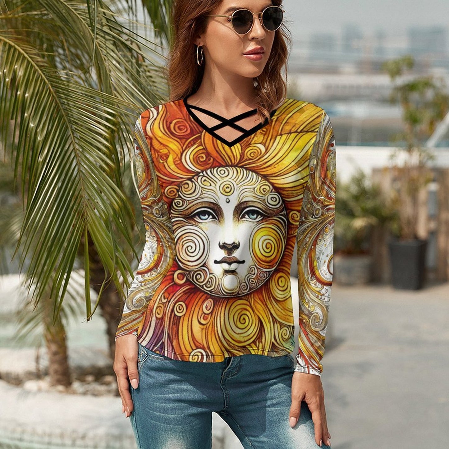 Criss Cross V-Neck Long Sleeve T-shirt NZ118 (All-Over Printing)