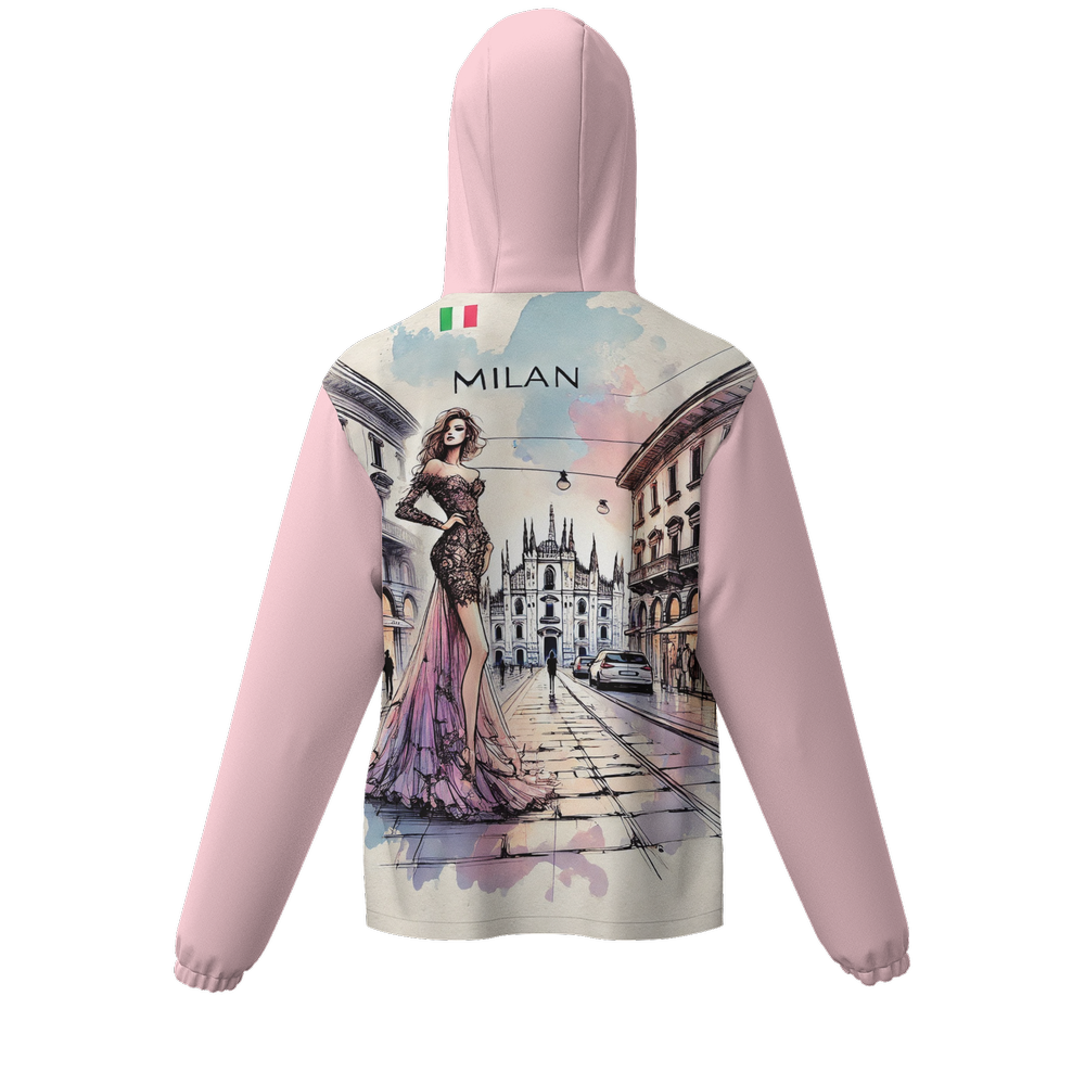 "Milan" by Lila RIvera - Pink Unisex Full-Zip Hooded Windbreaker Jacket - Water Resistant