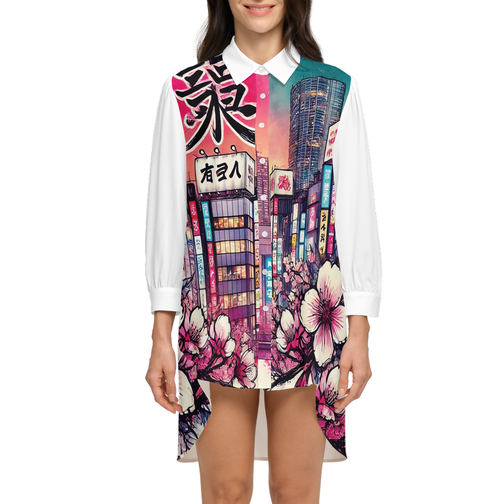 "Tokyo" by Lila Rivera - Women's High-Low Long-Sleeve Hem Shirt Silky-like Elegance Baptista Couture