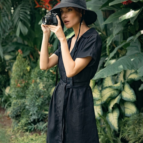 ARYA Safari Linen Midi Dress, in Black