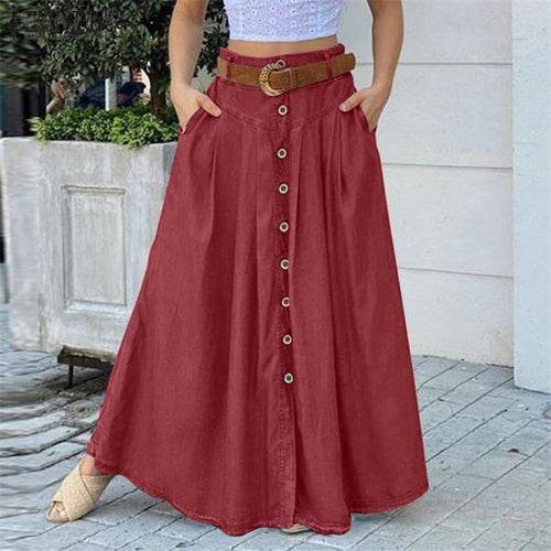 New Autumn Women's Long Skirt Button High Waist Solid Color Pocket Cas