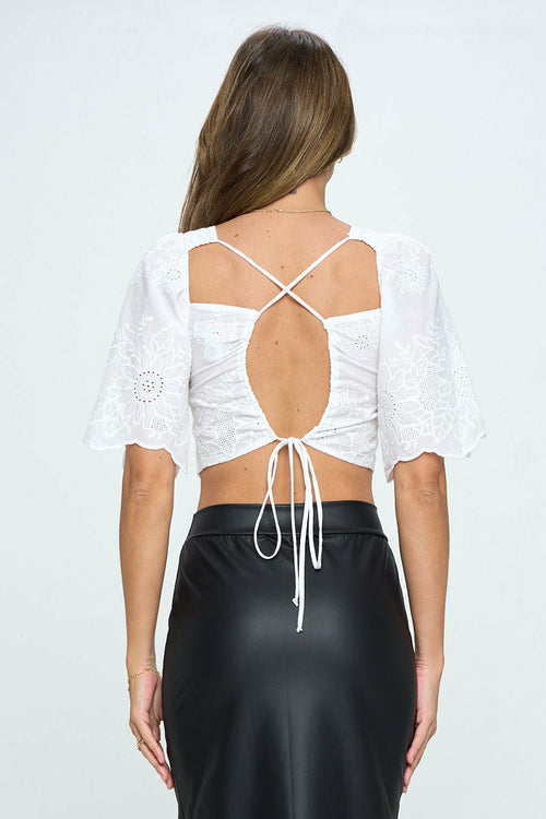 Embroidered Cotton Crop Top with Open Back