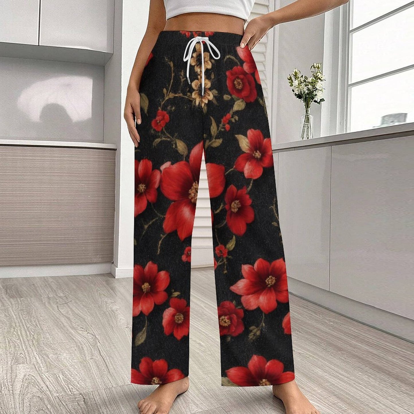 Spanish Floral Print - 170gsm Faux Cotton Drawstring Women Wide Leg Pajamas Pants LM072 (All-Over Printing)