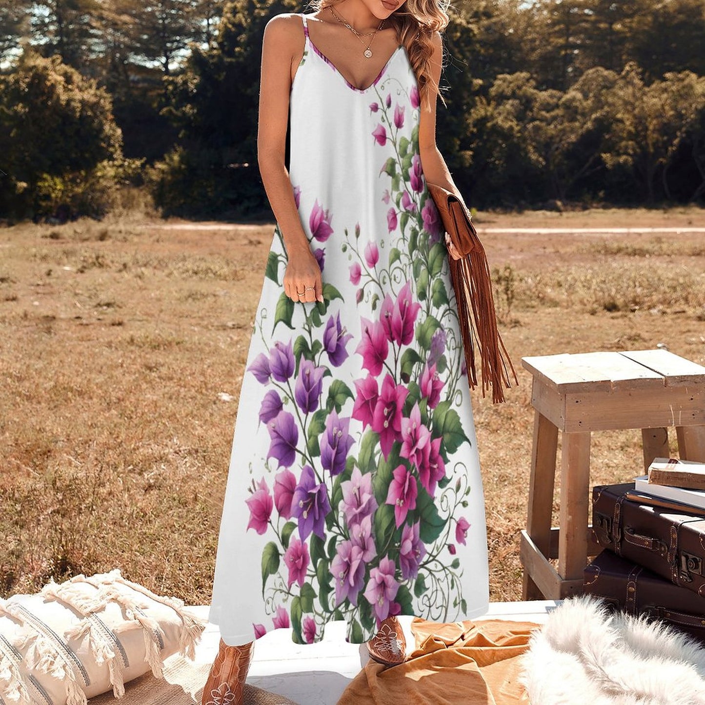 Bougainvillea - Ankle-length Slip Dress BDQ (All-Over Printing)