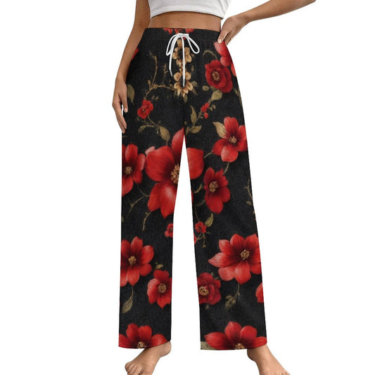 Spanish Floral Print - 170gsm Faux Cotton Drawstring Women Wide Leg Pajamas Pants LM072 (All-Over Printing)