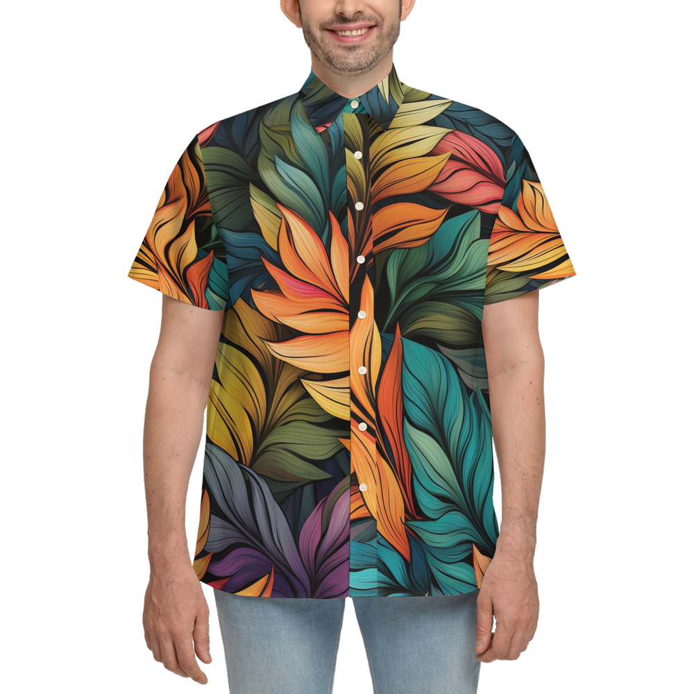 Tropical Leaves 1 ~ Unisex Classic Short-Sleeve Button-Up Shirt-Cotton Feel My Store